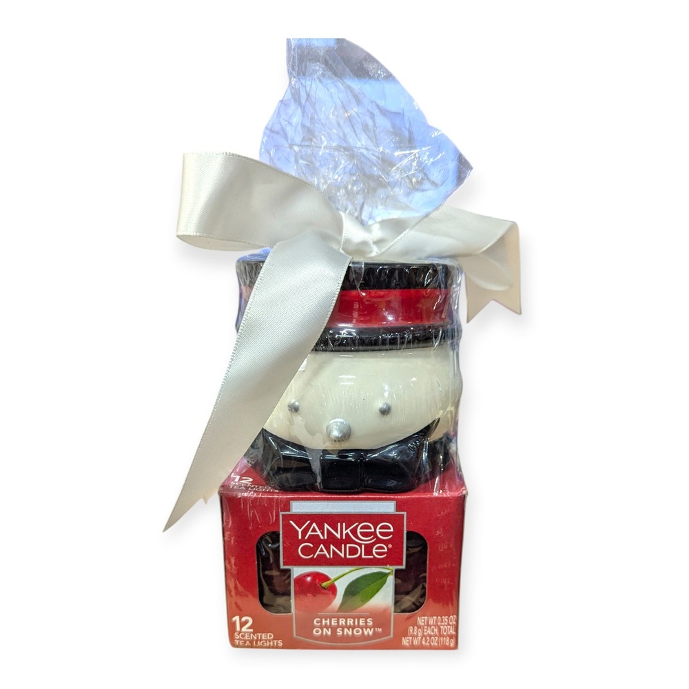 Yankee Candle Cherries On Snow‎ 12 Tea Lights & Snowman Ceramic Holder Gift Set
